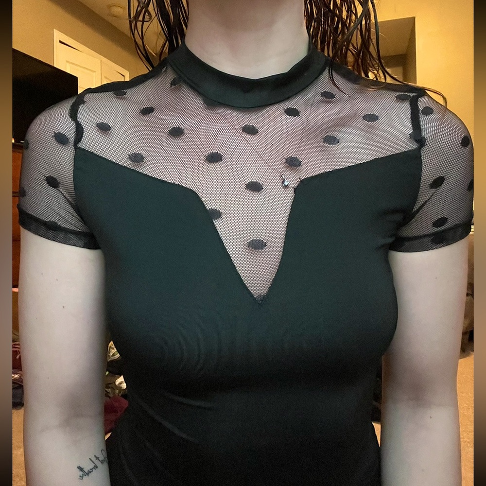 spandex top with sheer shoulders polka dots